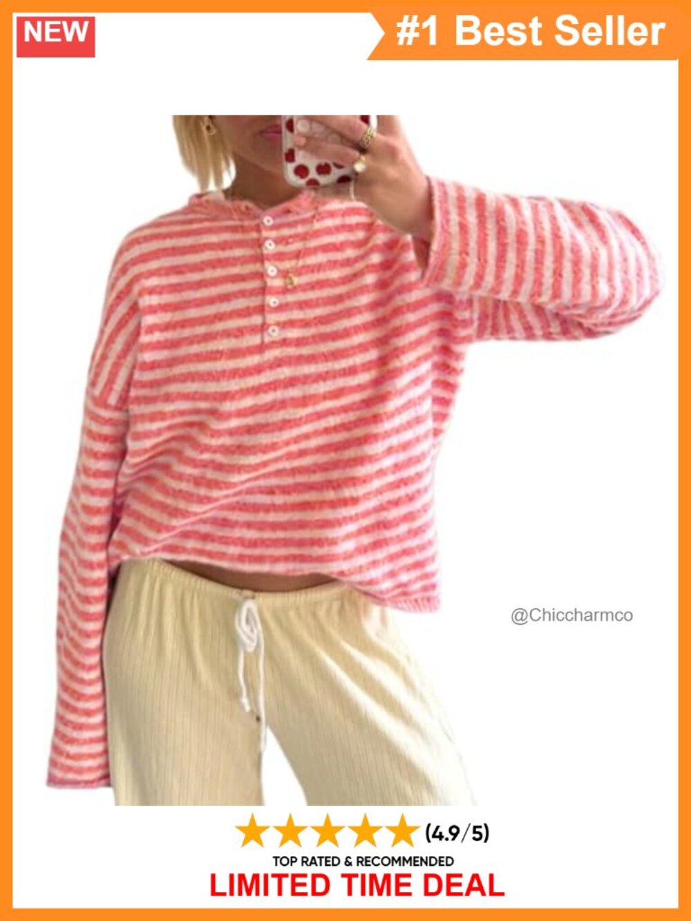 Striped Henley Sweater Long Sleeve Knit Pullover Top Oversized